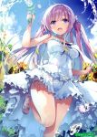  1girl absurdres artist_name bangs blue_eyes breasts day dress flower highres holding hose long_hair medium_breasts melonbooks open_mouth open_toe_shoes outdoors pink_hair shiny shiny_hair simple_background sky smile solo tomose_shunsaku water white_dress 