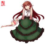 1girl artist_logo brown_eyes brown_hair commentary_request cosplay dated dress feet_out_of_frame frilled_dress frills green_dress highres kanon_(kurogane_knights) kantai_collection kisaragi_(kantai_collection) long_hair look-alike looking_at_viewer open_mouth revision round_teeth rozen_maiden simple_background smile solo suiseiseki suiseiseki_(cosplay) teeth upper_teeth watering_can white_background 