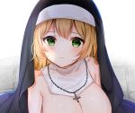  1girl bangs blonde_hair blush breasts cleavage closed_mouth cross cross_necklace detached_collar eyebrows_visible_through_hair green_eyes habit highres jewelry katsushika_pachi large_breasts long_hair necklace nude nun original out-of-frame_censoring solo straight_hair very_long_hair 
