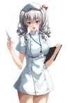  1girl blue_eyes blush breasts buttons cosplay dress hat kantai_collection kashima_(kantai_collection) large_breasts looking_at_viewer medium_hair name_tag notepad nurse nurse_cap open_mouth short_sleeves silver_hair simple_background solo standing syringe upper_body white_background white_dress yashiro_(silver_will) 