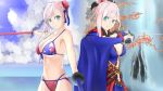  2girls absurdres american_flag_bikini artist_request asymmetrical_hair autumn_leaves bikini blue_eyes blue_kimono blue_swimsuit blush breasts bun_cover cleavage commentary commentary_request detached_sleeves dual_persona dual_wielding earrings fate/grand_order fate_(series) flag_print groin hair_ornament hair_ribbon highres holding holding_sword holding_weapon japanese_clothes jewelry katana kimono large_breasts leaf leaf_print light_smile long_hair magatama maple_leaf_print miyamoto_musashi_(fate/grand_order) miyamoto_musashi_(swimsuit_berserker)_(fate) mountain multiple_girls navel navel_cutout obi ocean outdoors pink_hair ponytail print_swimsuit ribbon sash sheath sheathed short_kimono side-tie_swimsuit single_sidelock sleeveless sleeveless_kimono swimsuit sword toy_sword two-tone_swimsuit underboob water waterfall weapon wide_sleeves 