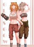  2020 2girls animal_ears arknights arm_up artist_name bandeau bangs bare_arms bare_shoulders blonde_hair breasts brown_eyes cleavage collarbone commentary dumbbell feet_out_of_frame grey_hair grey_pants highres holding indra_(arknights) knee_pads large_breasts lion_ears locked_arms long_hair looking_at_viewer midriff mouth_hold multiple_girls navel pants profile red_pants siege_(arknights) simple_background sports_bra standing stomach strapless sweatpants tiger_ears tubetop white_background zart 