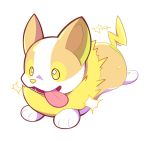  :d artsy-rc commentary english_commentary full_body gen_8_pokemon highres no_humans open_mouth pokemon pokemon_(creature) running simple_background smile solo sparkle sparks tongue tongue_out white_background yamper 