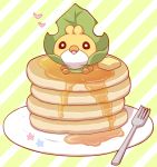  2027_(submarine2027) butter flower food fork gen_5_pokemon heart in_food looking_at_viewer no_humans pancake plate pokemon pokemon_(creature) sewaddle solo stack_of_pancakes striped striped_background syrup 