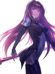  1girl bodysuit breasts covered_navel fate/grand_order fate_(series) gae_bolg hair_intakes highres hitsujike_(hamsterhouse) holding holding_weapon large_breasts leotard long_hair looking_at_viewer pauldrons polearm purple_bodysuit purple_hair purple_leotard red_eyes scathach_(fate)_(all) scathach_(fate/grand_order) shoulder_armor simple_background smile spear weapon white_background 