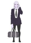  1girl bad_proportions bag closed_mouth earrings eyebrows_visible_through_hair final_fantasy final_fantasy_xiv frown grey_eyes grey_hair grey_neckwear highres holding holding_bag jewelry necktie omega-f ooshima_ryou purple_skin school_bag school_uniform simple_background skirt solo standing uniform white_background 