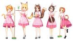  5girls absurdres animal_ears apron bangs black_footwear blonde_hair bow bowtie broom brown_eyes brown_hair bunny_ears bunny_hair_ornament bunny_tail cat_ears cat_tail checkered checkered_apron checkered_neckwear cup dog_ears dog_tail drinking_glass eyebrows_visible_through_hair flower gesture go-1 green_eyes hair_bow hair_flower hair_ornament hairclip hand_on_hip head_tilt high-waist_skirt highres holding holding_broom holding_tray idolmaster idolmaster_cinderella_girls kemonomimi_mode leg_up long_hair looking_at_viewer looking_back mary_janes matoba_risa medium_hair messy_hair multiple_girls orange_hair pink_apron pink_bow pink_neckwear pink_skirt puffy_short_sleeves puffy_sleeves ryuuzaki_kaoru sakurai_momoka sasaki_chie shirt shoes short_hair short_ponytail short_sleeves sidelocks simple_background skirt socks standing standing_on_one_leg suspender_skirt suspenders swept_bangs tachibana_arisu tail tray waitress white_background white_legwear white_shirt yellow_eyes yuuki_haru 