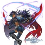  1girl armor ass black_gloves black_hair blue_legwear cape dagger dark_skin dual_wielding english_text feather_trim feathers fingerless_gloves fishnets gloves greaves green_hair hair_feathers holding holding_dagger holding_weapon multicolored multicolored_hair nkmr8 official_art parted_lips puffy_sleeves red_cape red_eyes short_shorts shorts simple_background smile solo tenkuu_no_craft_fleet torn_cape torn_clothes torn_legwear vambraces weapon white_background 