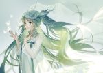  1girl antlers bangs bug butterfly chinese_clothes closed_mouth dress floating_hair glowing_butterfly green_eyes green_hair green_nails green_sash green_theme hanfu hatsune_miku insect long_hair looking_away nail_polish psd reaching sash see-through see-through_sleeves smile solo upper_body veil very_long_hair vocaloid 