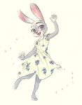  2020 anthro barefoot bibio clothed clothing disney dress female fully_clothed fur grey_body grey_fur hi_res judy_hopps lagomorph leporid mammal open_mouth open_smile purple_eyes rabbit simple_background smile solo sparkles tan_background zootopia 