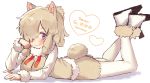  1girl alpaca_ears alpaca_girl alpaca_suri_(kemono_friends) alpaca_tail animal_ears beige_shorts beige_vest blue_eyes commentary_request eyebrows_visible_through_hair feet_up fur_collar fur_trim hair_bun hair_over_one_eye hair_tubes head_on_hand highres ichi001 kemono_friends long_sleeves looking_at_viewer lying necktie on_stomach pantyhose red_neckwear shirt smile solo tail vest white_fur white_hair white_legwear white_shirt 