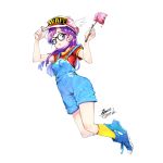  1girl baseball_cap blue_eyes blush breasts clothes_writing dr._slump ejami glasses hat long_hair looking_at_viewer norimaki_arale open_mouth overalls purple_hair shirt simple_background solo white_background winged_hat 