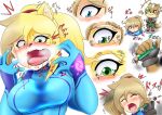  2019 anthro black_nose blonde_hair blue_eyes brown_body brown_fur canid canine duo female fox fox_mccloud fur green_eyes hair human human_to_anthro male mammal metroid nageruamado nintendo open_mouth ponytail samus_aran sequence simple_background smile solo_focus species_transformation standing star_fox transformation video_games white_background yellow_body yellow_fur zero_suit 