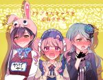  3girls animal_hat aqua_hair bang_dream! bangs black_gloves black_hair black_jacket blue_headwear blue_nails blue_neckwear blush bow bowtie braid brooch bunny_hat chain_necklace chino_machiko clenched_hand earrings embarrassed eyeball_hair_ornament fingerless_gloves flower frilled_hat frills full-face_blush gloves green_eyes hair_flower hair_ornament hair_ribbon hanazono_tae hands_up hashtag hat hat_bow hikawa_sayo jacket jewelry leather leather_jacket long_sleeves maruyama_aya multiple_girls name_tag neck_ribbon open_mouth pink_eyes pink_hair polka_dot_neckwear raglan_sleeves ribbon side_braid smile sweatdrop track_jacket translation_request upper_body white_ribbon yellow_background 