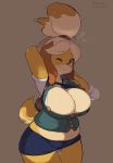  accessory animal_crossing belly big_breasts black_nose blonde_hair blush bottomwear breasts brown_background brown_ears brown_eyes canid canine canis cleavage clothed clothing curvy_figure domestic_dog eyebrow_through_hair eyebrows female fur glistening glistening_body glistening_fur hair hair_accessory hand_behind_head headgear hi_res honeycalamari isabelle_(animal_crossing) looking_at_viewer mammal miniskirt multicolored_body multicolored_fur navel necktie nintendo one_eye_closed open_mouth overweight panties raised_arm secretary shadow short_tail simple_background skirt solo standing tight_clothing translucent translucent_hair underwear video_games yawn yellow_body yellow_fur 