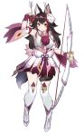  1girl alternate_costume animal_ear_fluff animal_ears armpit_crease arrow bangs bare_shoulders black_hair boots bow_(weapon) breasts closed_mouth commentary_request cosplay detached_sleeves fox_mask full_body highres holding holding_bow_(weapon) holding_weapon hololive looking_at_viewer magical_girl mask mask_on_head medium_breasts mizutsune_(armor) monster_hunter multicolored_hair ookami_mio red_hair sidelocks simple_background smile solo standing streaked_hair tail thigh_boots thighhighs virtual_youtuber weapon white_background white_footwear white_legwear wolf_ears wolf_tail yamabuki7979 yellow_eyes 