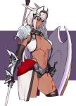  1girl absurdres animal_ears armor bikini bikini_armor black_bikini_bottom black_gloves black_legwear blue_eyes body_markings breasts caenis_(fate) cowboy_shot dark_skin dog_ears elbow_gloves ennuigrl fate/grand_order fate_(series) gloves grey_hair hair_intakes headpiece highleg highleg_bikini highres navel polearm shield shoulder_plates silver_hair swimsuit tattoo torn_clothes torn_legwear weapon white_bikini_top 