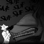  1:1 anthro beast_(bloodborne) beastars blindfold bloodborne bodily_fluids canid canine canis comic drooling duo female food fromsoftware hi_res hladilnik holding_food holding_object legoshi_(beastars) male mammal monochrome saliva sandwich_(food) sharp_teeth sniffing sony_corporation sony_interactive_entertainment teeth vicar_amelia video_games wolf 