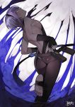  1girl absurdres ass belt black_hairband black_leotard breasts dark_skin fate/grand_order fate/prototype fate/prototype:_fragments_of_blue_and_silver fate_(series) fingerless_gloves from_behind gloves hairband hassan_of_serenity_(fate) highres leggings leotard purple_eyes purple_hair seyana small_breasts solo standing standing_on_one_leg 