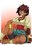  1girl ajna_(indivisible) ankle_wrap beads bike_shorts bracelet breasts brown_hair dark_skin graphite_(medium) hair_ornament indivisible jewelry looking_at_viewer millipen_(medium) onnaski open_mouth sandals short_hair smile solo traditional_media 