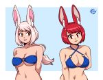  2girls animal_ears bare_shoulders blue_bikini_top blush breasts brown_eyes bunny_ears bunny_girl cleavage collarbone eyebrows halterneck highres large_breasts long_hair looking_at_viewer multiple_girls navel o-ring o-ring_bikini original parted_lips ponytail red_eyes red_hair short_hair smile taggo 