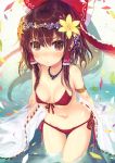  1girl absurdres armlet bangs bare_shoulders bikini blush bow breasts brown_hair closed_mouth collarbone detached_sleeves eyebrows eyebrows_visible_through_hair flower front-tie_bikini front-tie_top hair_between_eyes hair_bow hair_flower hair_ornament hair_tubes hakurei_reimu head_wreath highres jewelry long_hair looking_at_viewer magatama medium_breasts minamura_haruki navel necklace petals pout red_bikini scan shiny shiny_hair shiny_skin side-tie_bikini sidelocks solo standing stomach swimsuit thigh_gap touhou v-shaped_eyebrows very_long_hair wading water 