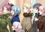  6+girls :d :o ^_^ age_difference akemi_homura alternate_costume arm_at_side black_coat black_hair black_ribbon blonde_hair blue_coat blue_hair blurry blurry_background blush breasts brown_coat buttons child closed_eyes coat cream crepe curly_hair drill_hair eating eyebrows_visible_through_hair fingernails food food_on_face food_wrapper fruit fur-trimmed_coat fur_trim green_coat hair_ornament hair_ribbon hairband hairclip half-closed_eyes hand_on_another&#039;s_shoulder hand_up hands_clasped height_difference high_ponytail holding holding_food index_finger_raised kaname_madoka kyo-ani_love light_smile looking_at_another looking_away looking_back mahou_shoujo_madoka_magica mahou_shoujo_madoka_magica_movie miki_sayaka momoe_nagisa multicolored multicolored_background multiple_girls open_mouth own_hands_together pink_eyes pink_hair pointing pointing_at_self polka_dot pom_pom_(clothes) ponytail profile purple_eyes purple_hairband red_eyes red_hair ribbon sakura_kyouko shiny shiny_hair short_hair sidelocks small_breasts smile straight_hair strawberry teeth tomoe_mami twin_drills twintails two_side_up upper_body upper_teeth walking white_hair winter_clothes yellow_eyes 