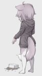  1girl ahoge animal_ears between_legs dog_(mixed_breed)_(kemono_friends) dog_ears dog_tail from_behind full_body grey_background grey_hair grey_hoodie kemono_friends long_sleeves multicolored_hair nyifu pantyhose short_hair simple_background standing tail tail_between_legs white_hair 