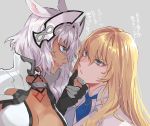  2girls black_gloves blonde_hair blue_eyes blue_neckwear breasts caenis_(fate) dark_skin dog_tags elbow_gloves fate/grand_order fate_(series) gloves green_eyes grey_background hair_intakes headpiece jacket kirschtaria_wodime large_breasts long_hair multiple_girls poppoman shirt tattoo upper_body white_bikini_top white_hair white_jacket white_shirt 