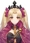  1girl a_dream absurdres bangs between_breasts blonde_hair blush bow breasts cape closed_mouth detached_collar earrings ereshkigal_(fate/grand_order) fate/grand_order fate_(series) gold_trim hair_bow highres hood hooded_cape hoop_earrings infinity jewelry long_hair looking_at_viewer medium_breasts necklace parted_bangs red_bow red_cape red_eyes simple_background skull smile solo spine tiara two_side_up white_background 