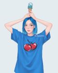  1girl arms_up blue_eyes blue_hair grey_background highres holding ice_cream_cone licking_lips lips looking_up original print_shirt shirt short_hair simple_background solo tongue tongue_out umigraphics upper_body 