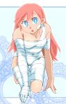  1girl bandages blue_eyes breasts covered_navel doraemon doraemon:_nobita_to_tetsujin_heidan graphite_(medium) long_hair looking_at_viewer millipen_(medium) onnaski open_mouth pink_hair riruru solo traditional_media 