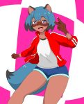  2020 5_fingers anthro black_body black_fur black_hair blue_body blue_eyes blue_fur blue_hair bottomwear brand_new_animal brown_body brown_fur canid canine clothed clothing cute_fangs female fingers fluffy fluffy_tail fur gesture hair hi_res jacket looking_at_viewer mammal michiru_kagemori multicolored_body multicolored_fur multicolored_hair open_mouth open_smile portrait raccoon_dog reverse_v_sign smile solo studio_trigger tanuki three-quarter_portrait topwear v_sign 