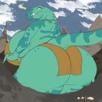  anthro big_breasts big_butt breasts butt claws dinosaur female hi_res huge_breasts huge_butt hyper hyper_breasts hyper_butt looking_back macro rear_view reptile scalie sharp_teeth solo sybilthesnake teeth thick_thighs 