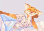  2020 anthro arm_support canid canine cheek_tuft clothed clothing disney facial_tuft fox fur green_eyes hi_res leaning_on_elbow mammal nick_wilde open_mouth open_smile orange_body orange_fur painting_(artwork) red_fox shirt smile solo strawberry628_(artist) topwear traditional_media_(artwork) tuft watercolor_(artwork) zootopia 