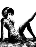  1girl arm_support bangs black_eyes black_hair black_legwear bob_cut contrast crosshatching empty_eyes expressionless from_side hand_to_own_mouth headphones highres kicking knee_up leg_up looking_at_viewer looking_to_the_side monogatari_(series) oshino_ougi ougibro_(spookybro) owarimonogatari pantyhose puffy_sleeves school_uniform shirt shoes short_hair simple_background sitting skirt sleeves_past_wrists solo white_background 