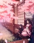  2girls bangs black_hair cherry_blossoms eyebrows_visible_through_hair gogatsu_fukuin highres japanese_clothes kara_no_kyoukai kimono long_hair mother_and_daughter multiple_girls no_shoes outdoors parted_bangs pillow pink_kimono ryougi_mana ryougi_shiki short_sleeves sitting smile thighhighs 