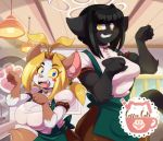  anthro apron barista breasts chalo cleavage clothed clothing coffee_cat coffee_shop domestic_cat duo felid feline felis female hair las_lindas mammal nervous_smile open_mouth open_smile ponytail rachael_saleigh sarah_silkie smile webcomic 