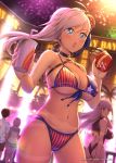 1boy 3girls :o aerial_fireworks ahoge american_flag_bikini ass back_cutout backlighting bare_shoulders bikini black_swimsuit blue_eyes blurry breasts building bun_cover choker cleavage cowboy_shot cup depth_of_field disposable_cup fate/grand_order fate_(series) fireworks flag_print floral_print food front-tie_bikini front-tie_top fujimaru_ritsuka_(male) halter_top halterneck hamburger holding holding_cup jacket kama_(fate/grand_order) large_breasts long_hair looking_away mash_kyrielight miyamoto_musashi_(fate/grand_order) miyamoto_musashi_(swimsuit_berserker)_(fate) multi-strapped_bikini multiple_girls navel night one-piece_swimsuit open_mouth outdoors oyaji-sou palm_tree shirt silver_hair skindentation stomach string_bikini swimsuit thighs tree watermark white_shirt 