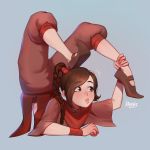  1girl artist_name avatar:_the_last_airbender avatar_(series) braid brown_hair capri_pants contortion flexible highres lavelis lips pants pointed_footwear ponytail puffy_pants single_braid stretch ty_lee wristband 