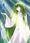  1boy arm_up bird blurry blurry_background bosutonii commentary_request fate/grand_order fate_(series) feet_out_of_frame forest grass green_hair head_tilt highres kingu_(fate) light_particles light_rays long_hair long_sleeves looking_to_the_side nature parted_lips purple_eyes sidelocks solo standing sunbeam sunlight very_long_hair white_robe wide_sleeves 