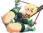  1girl akatsuki_kirika ass bdsm blonde_hair blush bondage bound bound_legs breasts cameltoe covered_nipples elbow_gloves gloves green_eyes green_leotard hair_ornament highres leotard looking_at_viewer medium_breasts nokishita_kumoemon open_mouth rope senki_zesshou_symphogear shibari shibari_over_clothes shiny shiny_clothes shiny_hair shiny_skin short_hair simple_background skin_tight smile solo spread_legs sweat tied_up white_background x_hair_ornament 