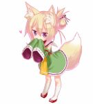  1girl animal_ear_fluff animal_ears bangs blonde_hair blush borrowed_character brown_eyes commentary_request detached_sleeves dress fox_ears fox_girl fox_tail full_body green_dress green_sleeves hair_between_eyes hair_bun hair_ornament hands_up heart kemomimi-chan_(naga_u) kishita kneehighs long_hair long_sleeves looking_at_viewer orange_neckwear original red_footwear ribbon-trimmed_sleeves ribbon_trim sailor_collar sidelocks simple_background sleeveless sleeveless_dress sleeves_past_fingers sleeves_past_wrists solo standing tail white_background white_legwear white_sailor_collar zouri 