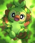  ambiguous_gender black_eyes fangs feral green_background green_body grookey happy hi_res leaf looking_at_viewer lying mammal nintendo open_mouth pok&eacute;mon pok&eacute;mon_(species) polygon5 primate simple_background solo tree video_games 