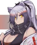 1girl absurdres animal_ears arknights armpit_peek bangs black_scarf black_tank_top breasts cat_ears cleavage closed_mouth commentary earpiece earrings expressionless hair_between_eyes highres honeybat jacket jewelry large_breasts long_hair looking_at_viewer off_shoulder parted_bangs ponytail scarf schwarz_(arknights) scrunchie silver_hair solo strap tank_top upper_body white_jacket yellow_eyes 