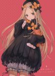  1girl abigail_williams_(fate/grand_order) bangs black_bow black_dress black_headwear blonde_hair blue_eyes bow breasts character_name closed_mouth dress fate/grand_order fate_(series) forehead hair_bow hat highres long_hair looking_at_viewer multiple_bows orange_bow parted_bangs pink_background polka_dot polka_dot_bow ramune. ribbed_dress sleeves_past_fingers sleeves_past_wrists small_breasts solo stuffed_animal stuffed_toy teddy_bear white_bloomers 