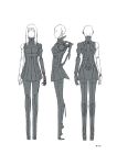  1girl bangs blame! blunt_bangs character_sheet cibo cyberpunk cyborg dress from_behind from_side greyscale highres long_hair mechanical_arms mechanical_legs miniskirt monochrome nihei_tsutomu pale_skin robot_joints short_dress sketch skirt tall tall_female white_hair 