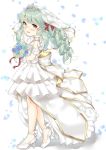  1girl :d ankle_ribbon azur_lane back_bow bad_id bad_pixiv_id bangs bare_legs bare_shoulders blush bouquet bow breasts bridal_veil commentary_request dress drill_hair earrings eyebrows_visible_through_hair flower frilled_dress frills from_side full_body glasses glint gloves green_hair hair_bun high_heels highres holding holding_bouquet jewelry juugou_taki langley_(azur_lane) long_hair looking_at_viewer necklace open_mouth pearl_necklace profile red_ribbon ribbon rose shadow side_bun sidelocks simple_background sleeveless sleeveless_dress small_breasts smile solo standing stud_earrings tiara veil wedding_dress white_background white_bow white_dress white_footwear white_gloves yellow_eyes 