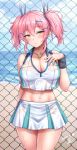  1girl azur_lane bangs bare_shoulders beach blue_sky blush breasts bremerton_(azur_lane) bremerton_(azur_lane)_(cosplay) bremerton_(scorching-hot_training)_(azur_lane) chain-link_fence cleavage closed_mouth collarbone cosplay crop_top crop_top_overhang eyelashes fence gloves hair_ornament hairclip hand_on_own_chest heart heart_necklace highres idolmaster idolmaster_cinderella_girls jewelry jougasaki_mika large_breasts long_hair looking_at_viewer midriff ocean pink_hair sidelocks sky solo sportswear sweat tennis_uniform thighs twintails two-tone_shirt two-tone_skirt wristband yellow_eyes yoohi 