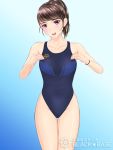  1girl arena_(company) black_hair blue_background blue_swimsuit collarbone commentary_request competition_swimsuit cowboy_shot flat_chest gradient gradient_background highleg highleg_swimsuit looking_at_viewer one-piece_swimsuit open_mouth original purple_eyes short_hair smile solo swimsuit thigh_gap upper_teeth yukinoshita_mizuka 